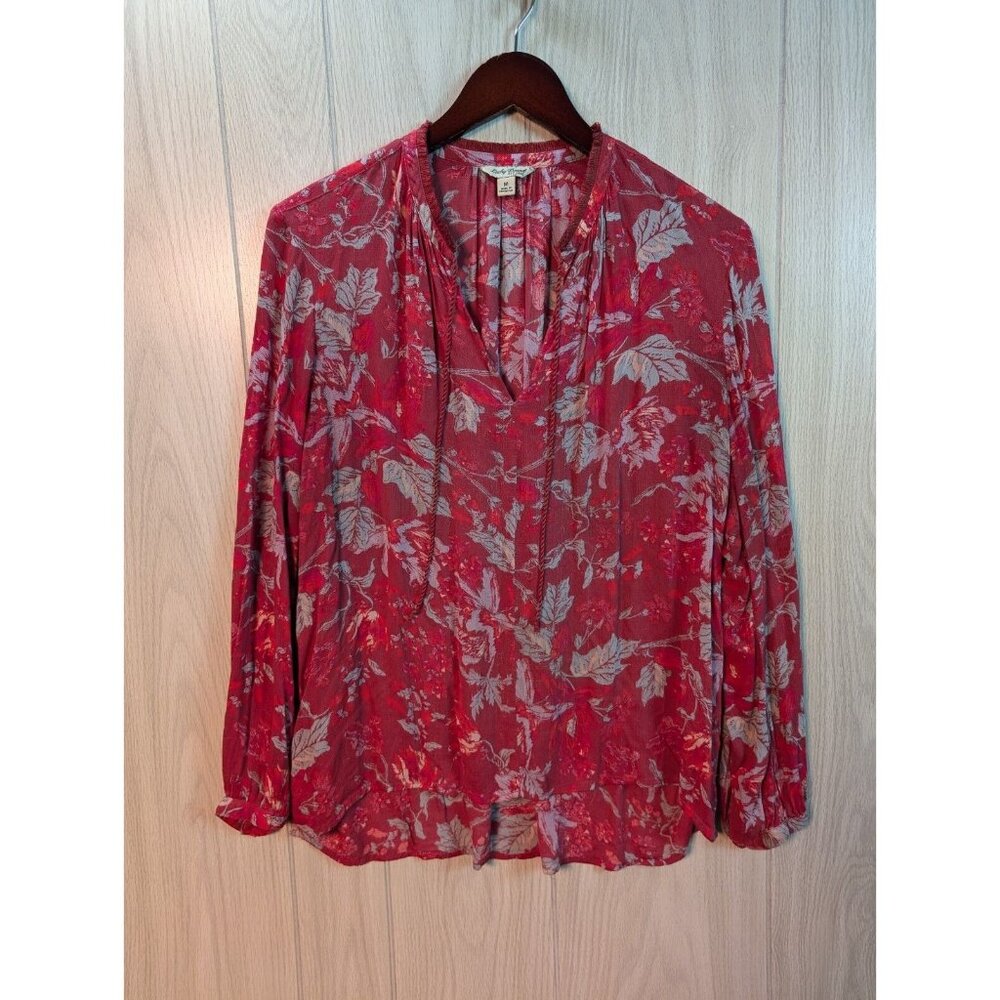 Lucky Brand Top Womens Medium Red Tassels Blouse Shirt Long Sleeve Fringe